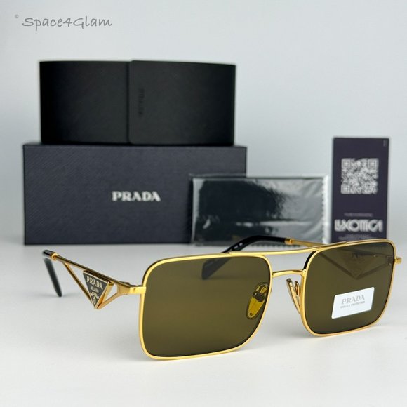 NEW Prada PRA52S 15N01T Matte Gold Brown Rectangle Unisex Sunglasses - Picture 3 of 9